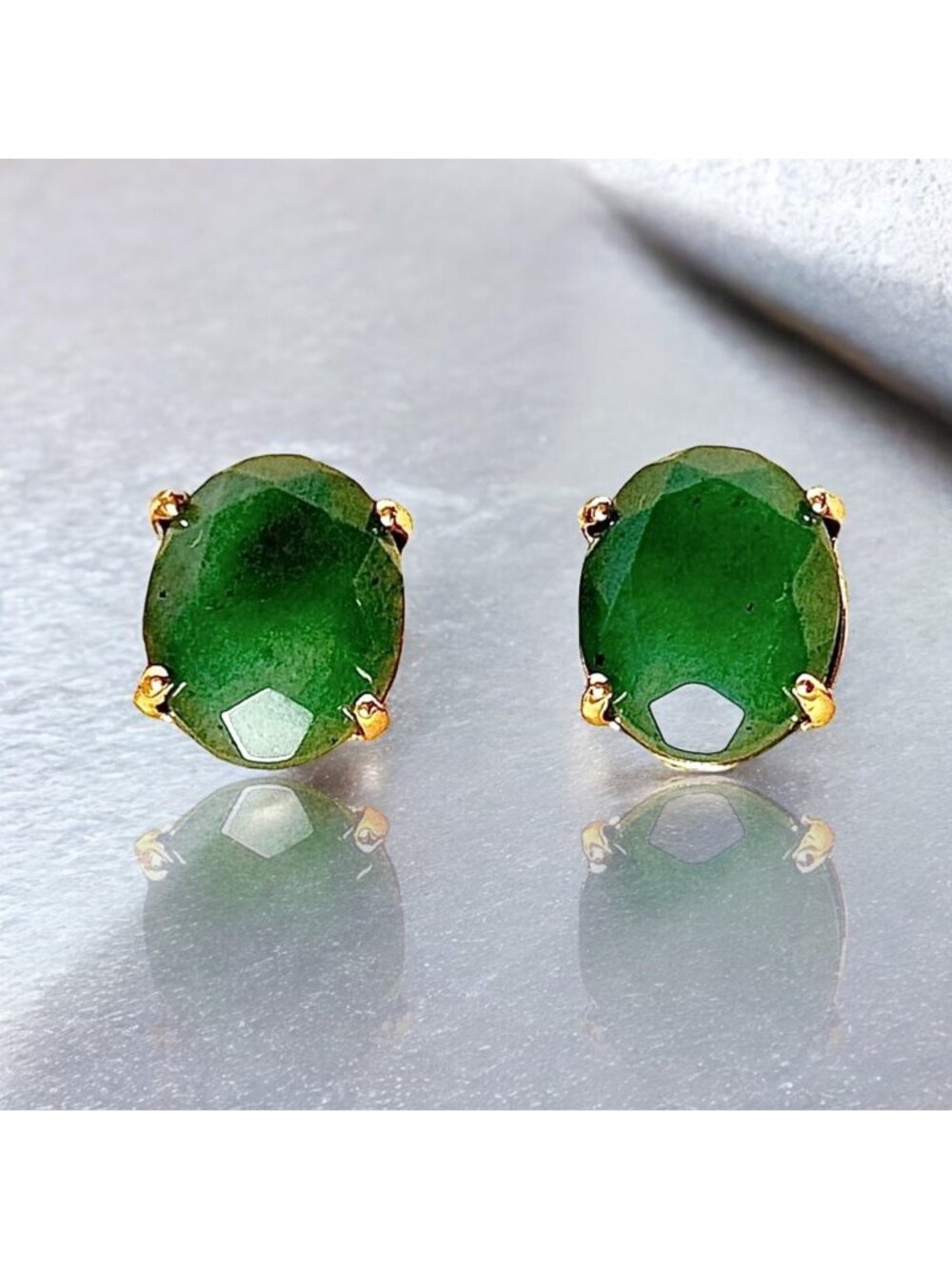 NEW Green Gem Oval Stud Earrings Natural Aventurine 18K Plated Old Money Chic